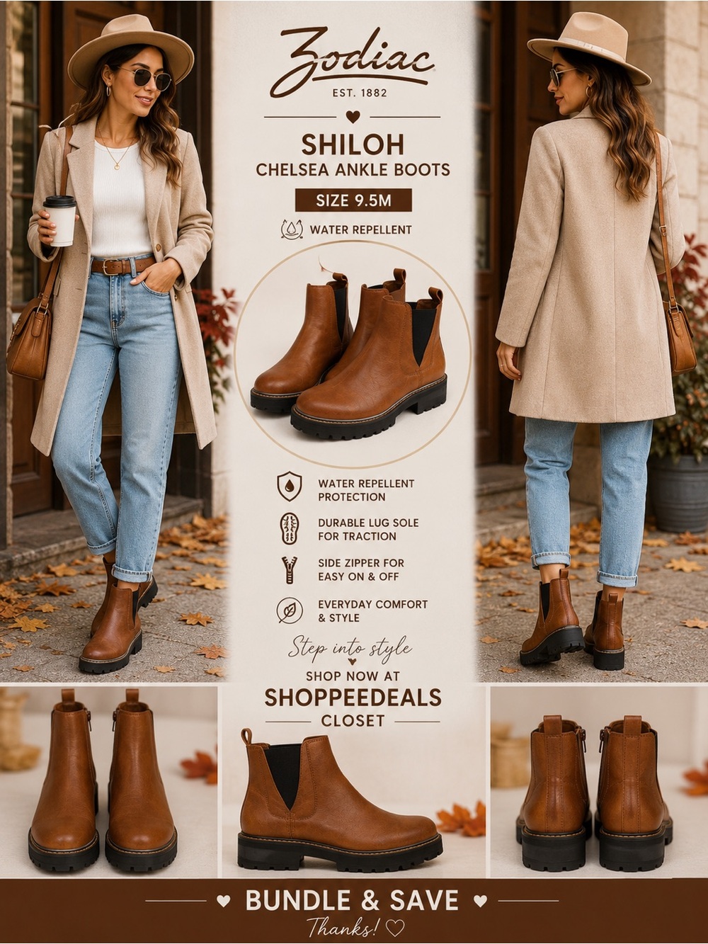 Zodiac Shiloh Chelsea Ankle Boots Brown Lug Sole Water Repellent Women’s 9.5M